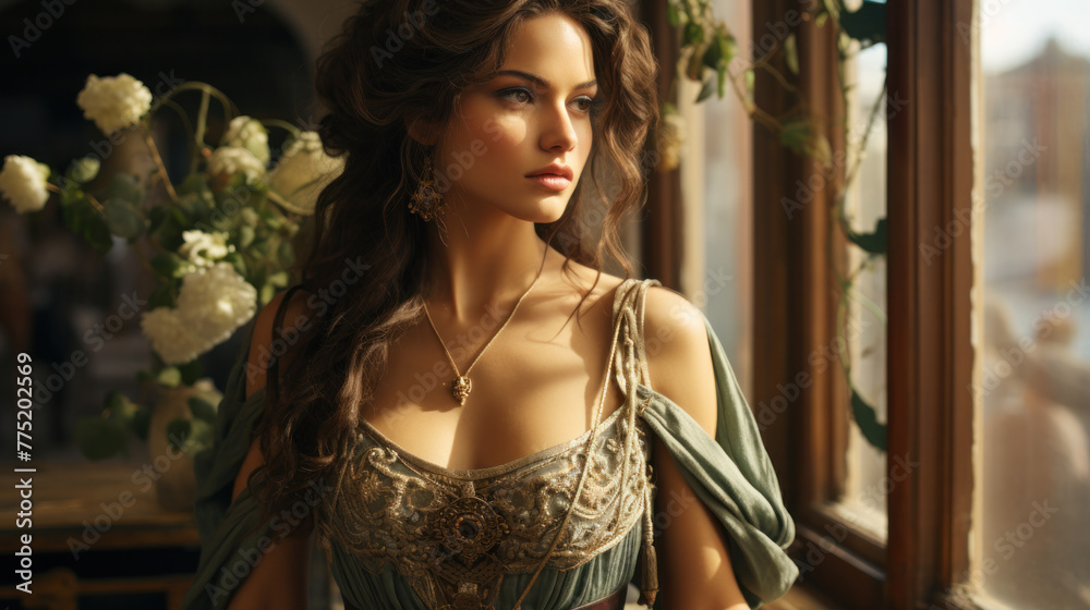 young blond woman dressed like ancient greek godess young blond woman dressed like ancient greek godess
