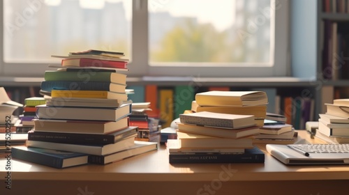 Pile of books on study desk in a study room. Education or academic concept picture of self access learning environment background related to research or reading materials photo