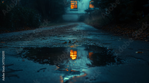 Illuminated house reflected in a puddle on a dark wet street