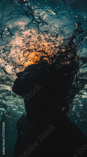 Silhouette of a person underwater with sunlight