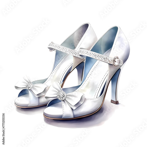 White high-heeled shoes with diamond details, watercolor illustration