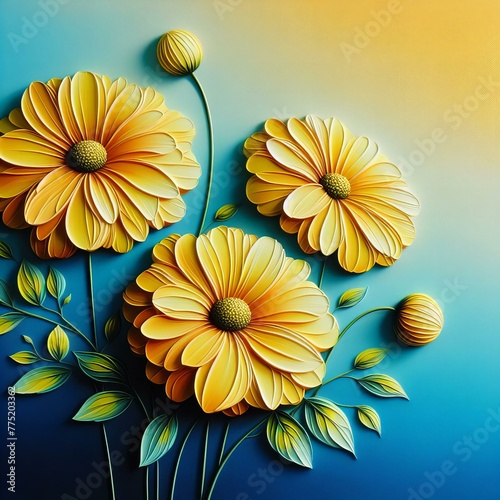 Piękne żółte kwiaty na błękitnym tle, tapeta dekoracja generative ai © Elżbieta Kaps
