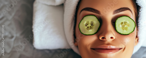 Woman relaxing with cucumber slices on eyes