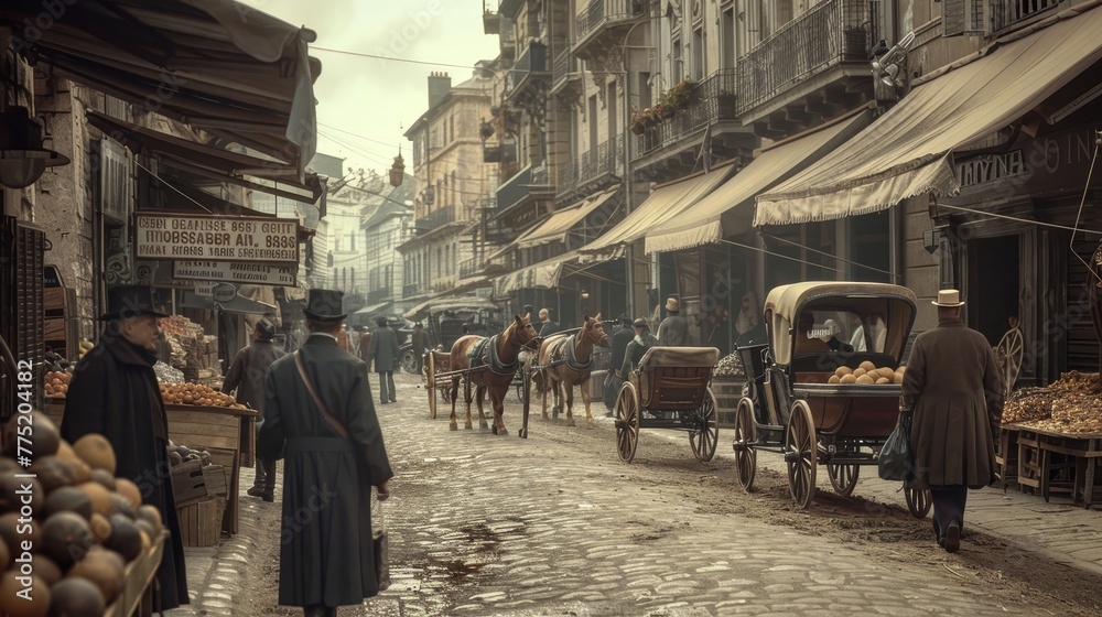 1920s sepia market scene with horse drawn carriages and lifelike attire in immersive environment