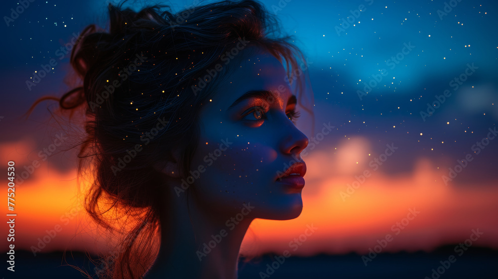 Woman with stars on her face at twilight Woman with stars on her face at twilight
