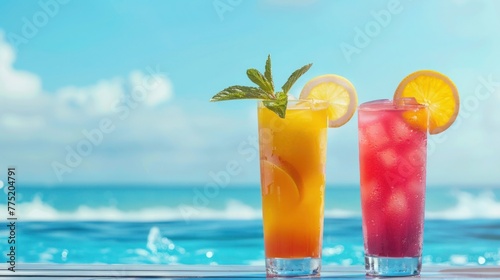 Two of refreshing summer red and yellow drinks with fruits and ice on tabletop on blurred ocean background, Copy space