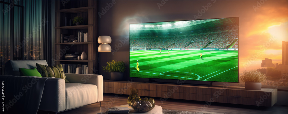 Big Flat Televison with soccer match in modern living room.
