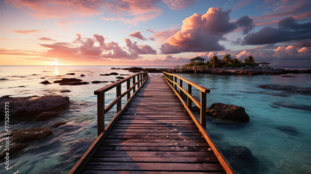 Wooden bridge or pier on tropical white sand beach with clear blue sea and sky on sunny day. Boardwalk into the ocean and turquoise water. Summer holidays background with copy space.