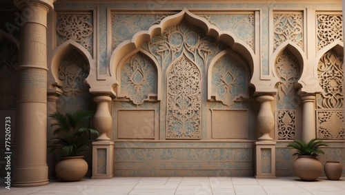 Beauty and culture with a stylistic rendering of an Arab-inspired texture wall  featuring intricate details and a variety of render types to suit your mood boards aesthetic.