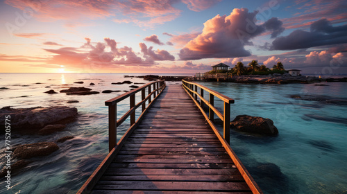 Wooden bridge or pier on tropical white sand beach with clear blue sea and sky on sunny day. Boardwalk into the ocean and turquoise water. Summer holidays background with copy space.