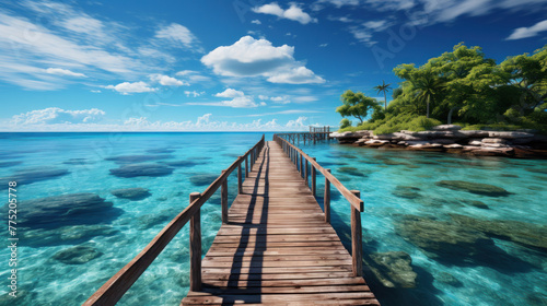Wooden bridge or pier on tropical white sand beach with clear blue sea and sky on sunny day. Boardwalk into the ocean and turquoise water. Summer holidays background with copy space. © PaulShlykov