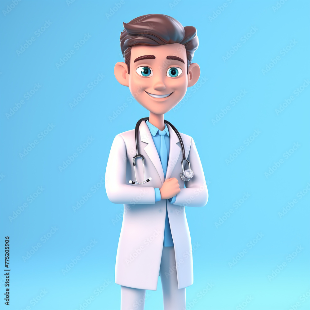Human doctor cartoon character with stethoscope, looking at camera сreated with Generative Ai