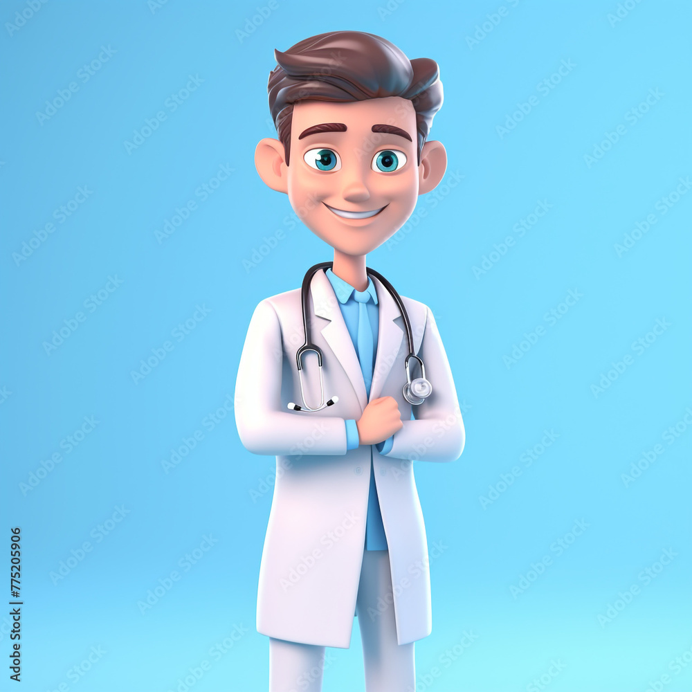 Fototapeta premium Human doctor cartoon character with stethoscope, looking at camera сreated with Generative Ai