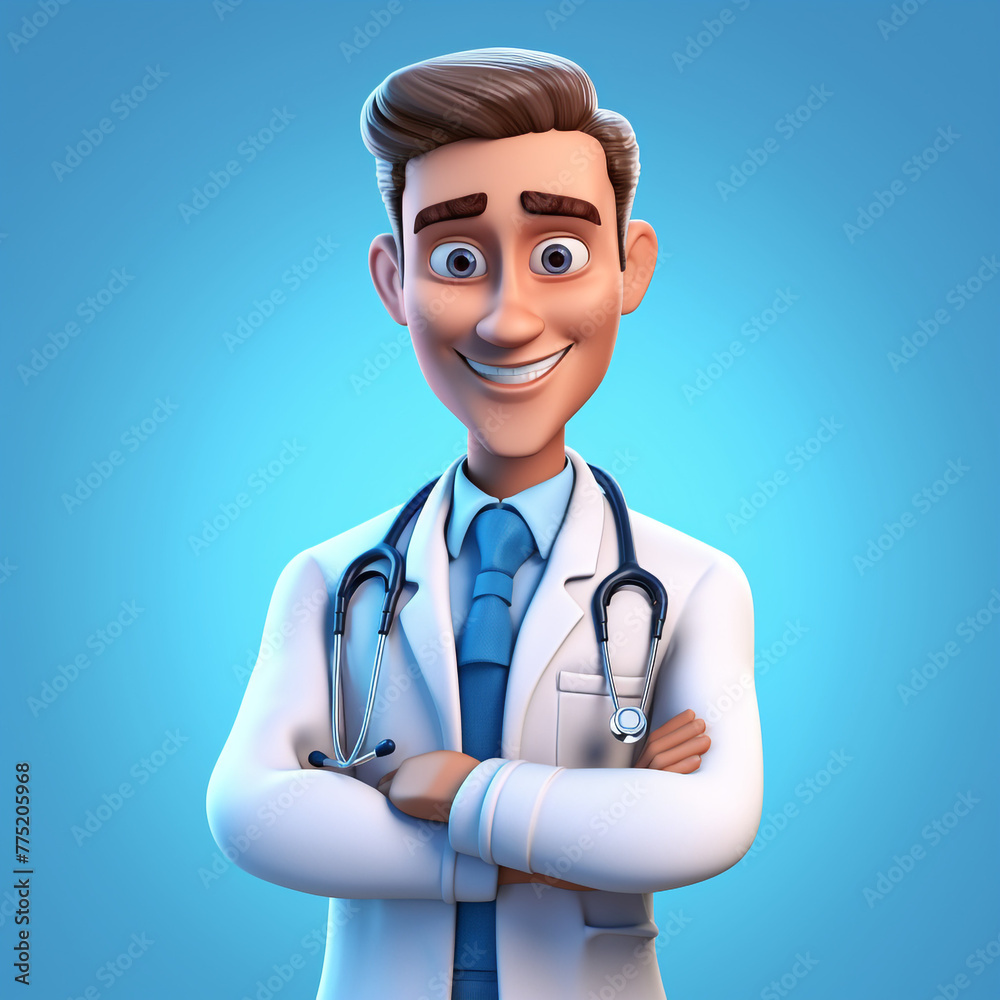 Human doctor cartoon character with stethoscope, looking at camera сreated with Generative Ai