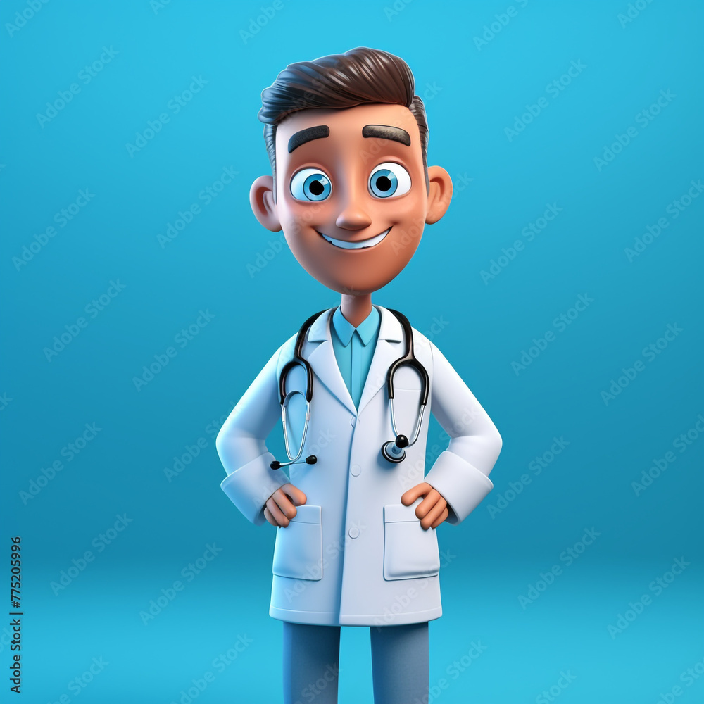 Fototapeta premium Human doctor cartoon character with stethoscope, looking at camera сreated with Generative Ai