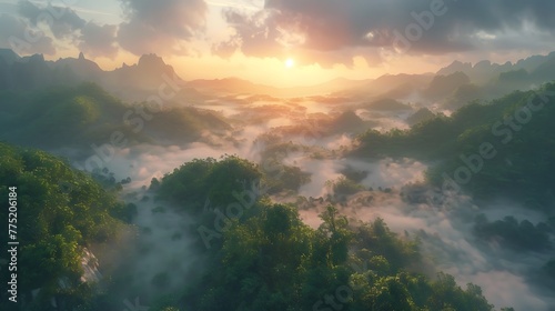 A sunrise over a fog-covered valley - the emergence of light photo