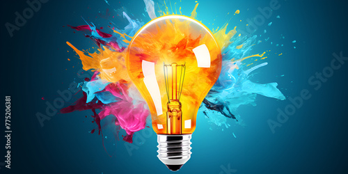 light bulb abstract with colorful splash glowing colors new idea brainstorming concept on blue background 