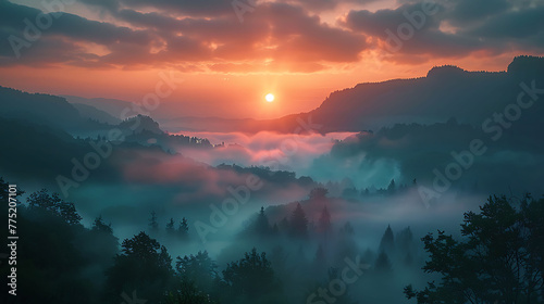 A sunrise over a misty valley - the promise of a new beginning photo