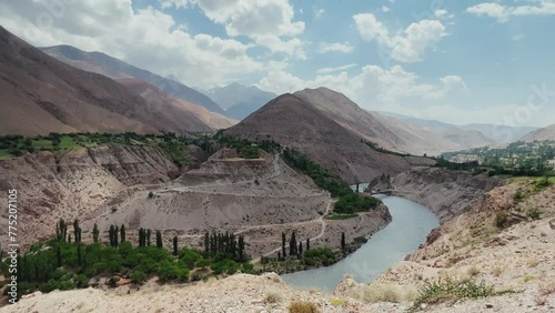 Beautiful Karatag and Piron valleys in the Fan Mountains. Panorama of the deep valley of the Zeravshan River. The Zarafshan and Hissar ranges are located near the mountain village of Aini. Pamir	 photo