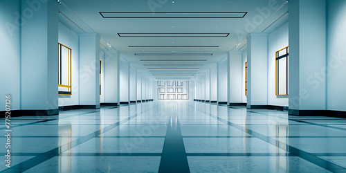 Modern business corridor  sleek architectural design with illuminated pathways leading forward