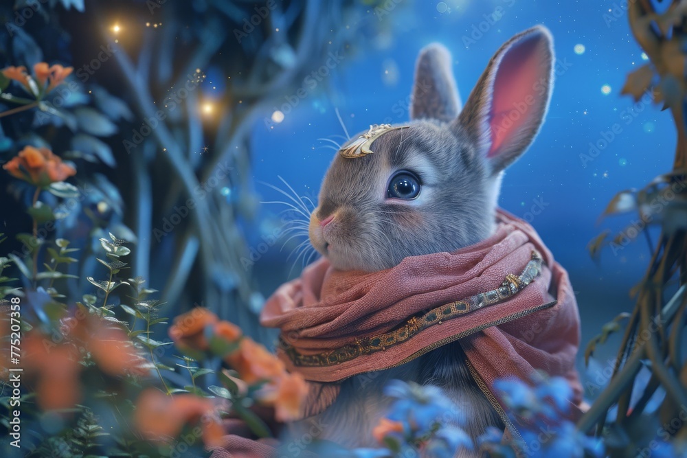 Obraz premium Under the canopy of the eternal night sky, a baby rabbit, cloaked in the regalia of a Greek deity, gazes into the universe, its eyes reflecting the cosmos's infinite calm.