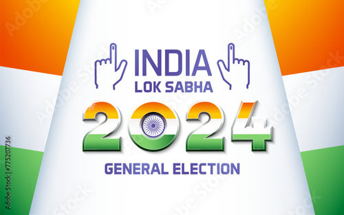 2024 India Lok Sabha General Election text with inked fingers in background. Web banner design poster with Indian flag, colors and ashoka chakra