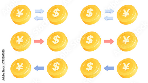 立体的なかわいいコインのイラスト_円とドルの交換