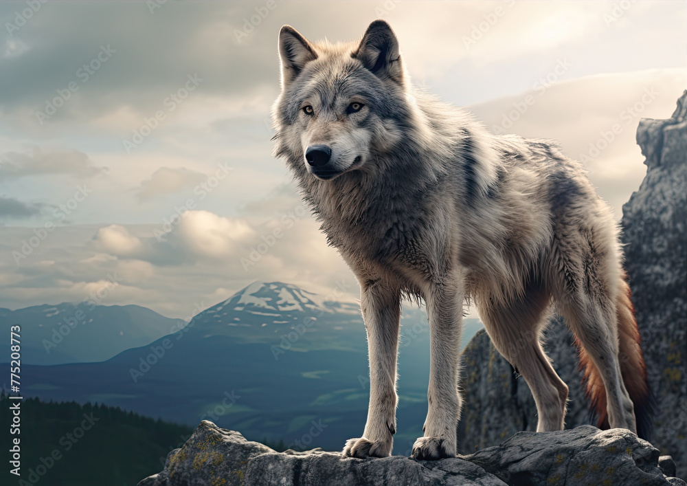 Fototapeta premium Majestic grey wolf standing on a peak