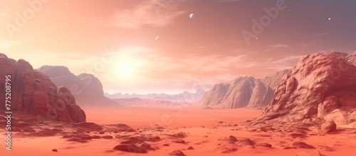 Planet Mars like landscape - Wadi Rum desert in Jordan with red pink sky above