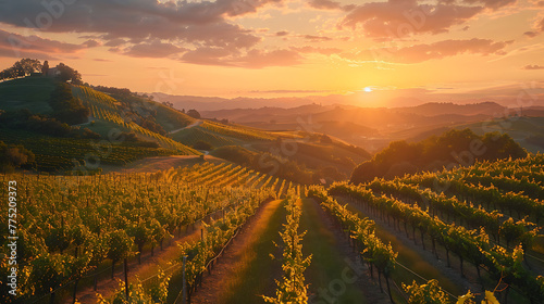 A sunset over rolling hills and vineyards - the beauty of wine country photo