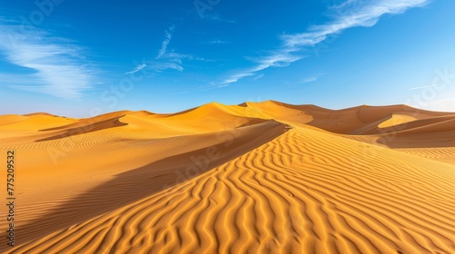 Vast desert landscape with sand dunes, detailed textures, clear sky, long shadows, color grading