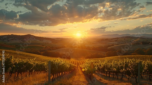 A sunset over rolling hills and vineyards - the beauty of wine country