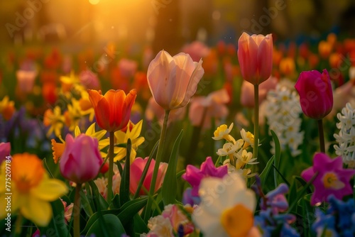 Vibrant Field of Flowers Under the Setting Sun