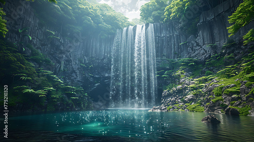 A towering waterfall plunging into a deep pool beside the path photo