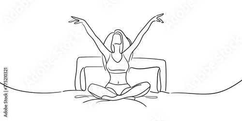 Girl enjoying on the bed continuous line art drawing isolated on white background. Meditation line art drawing. Vector illustration