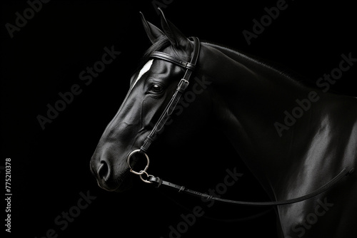 horse with bridle standing in front of a white halter, in the style of monochromatic minimalist portraits сreated with Generative Ai