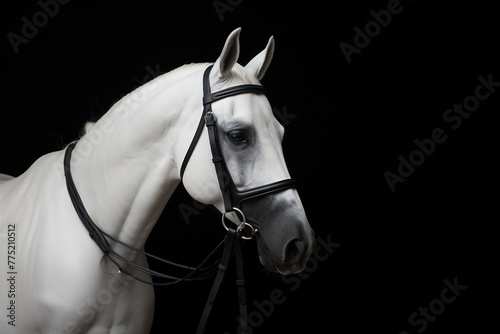horse with bridle standing in front of a white halter  in the style of monochromatic minimalist portraits   reated with Generative Ai