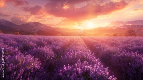 Tranquil lavender fields at dusk with realistic detail and sunset glow in high definition