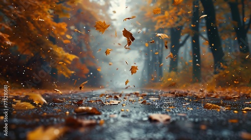 A tranquil autumn scene with leaves falling gently to the ground © Be Naturally