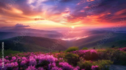 Stunning Sunset Over Valley With Pink Flowers