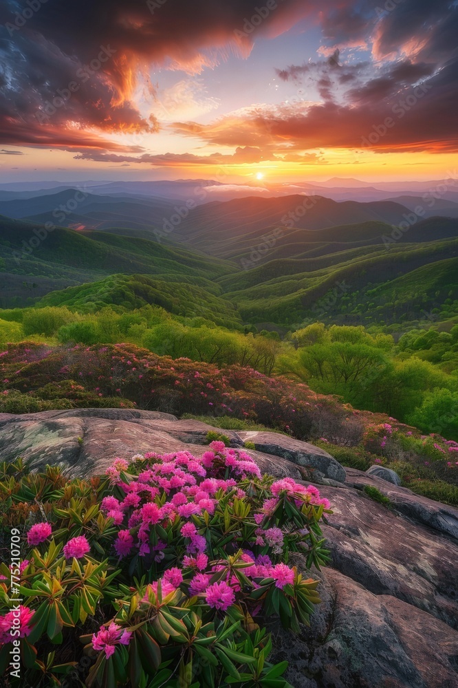 Stunning Sunset Over the Mountains With Pink Flowers