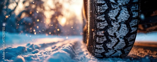 Winter tire in snow. Car tire on snowy road. Tires detail in witer time photo