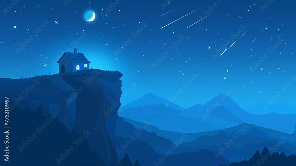 A tranquil and picturesque illustration that features a small house perched on the edge of a cliff under a night sky. The scene is bathed in shades of blue, highlighting the moon and the radiant stars