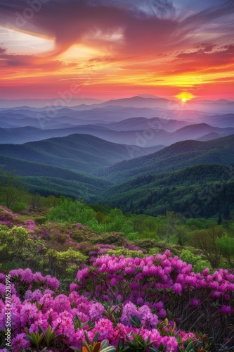 Stunning Sunset Over Mountain Range With Pink Flowers © BrandwayArt