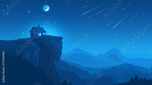 A tranquil and picturesque illustration that features a small house perched on the edge of a cliff under a night sky. The scene is bathed in shades of blue  highlighting the moon and the radiant stars