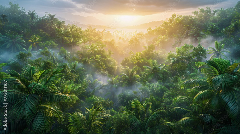 Misty morning in a dense green forest, serene nature scene with fog and tropical trees