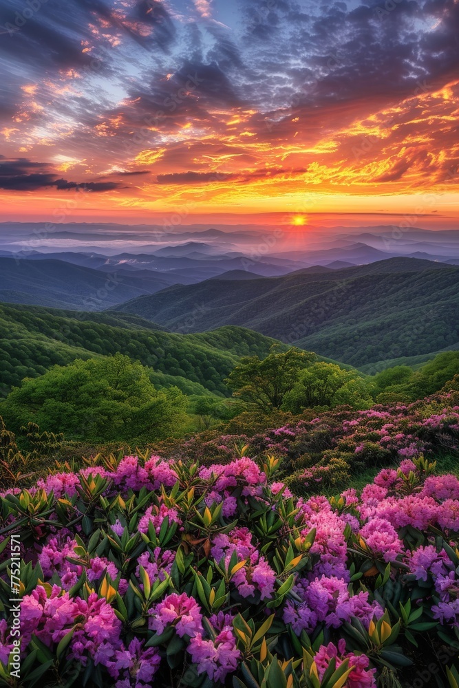 Fototapeta premium Sunset Over Mountains With Pink Flowers