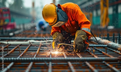 Workers is welding metal pole or net parts for base house. Welding detail theme photo