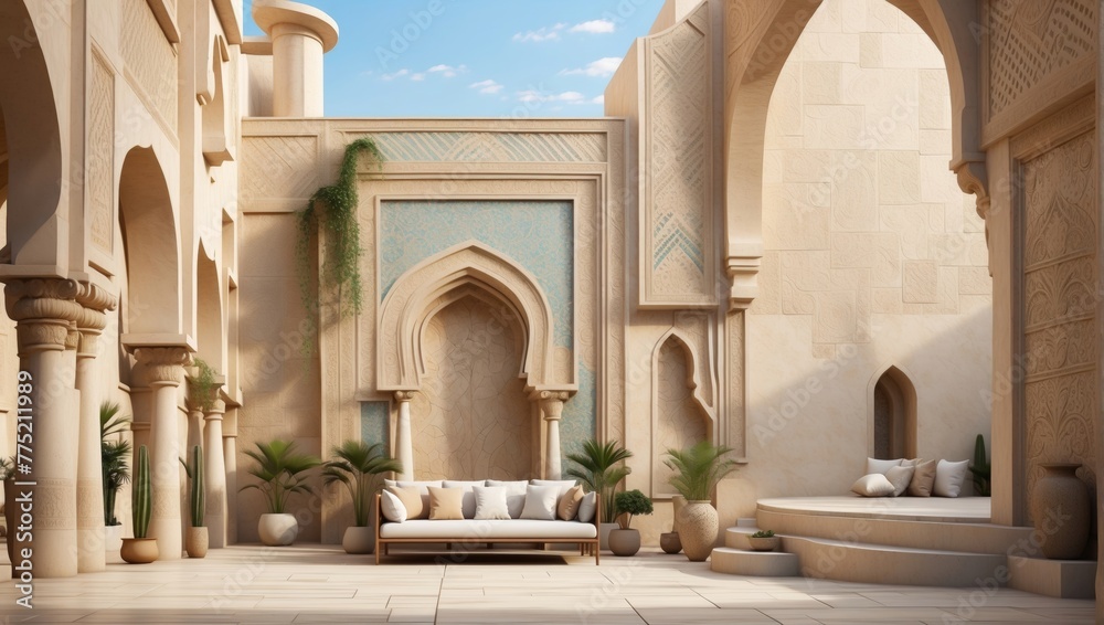 Beauty and culture with a stylistic rendering of an Arab-inspired texture wall, featuring intricate details and a variety of render types to suit your mood boards aesthetic.