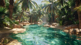 A tranquil oasis in the heart of the desert, where lush palms sway beside an emerald-green oasis pool
